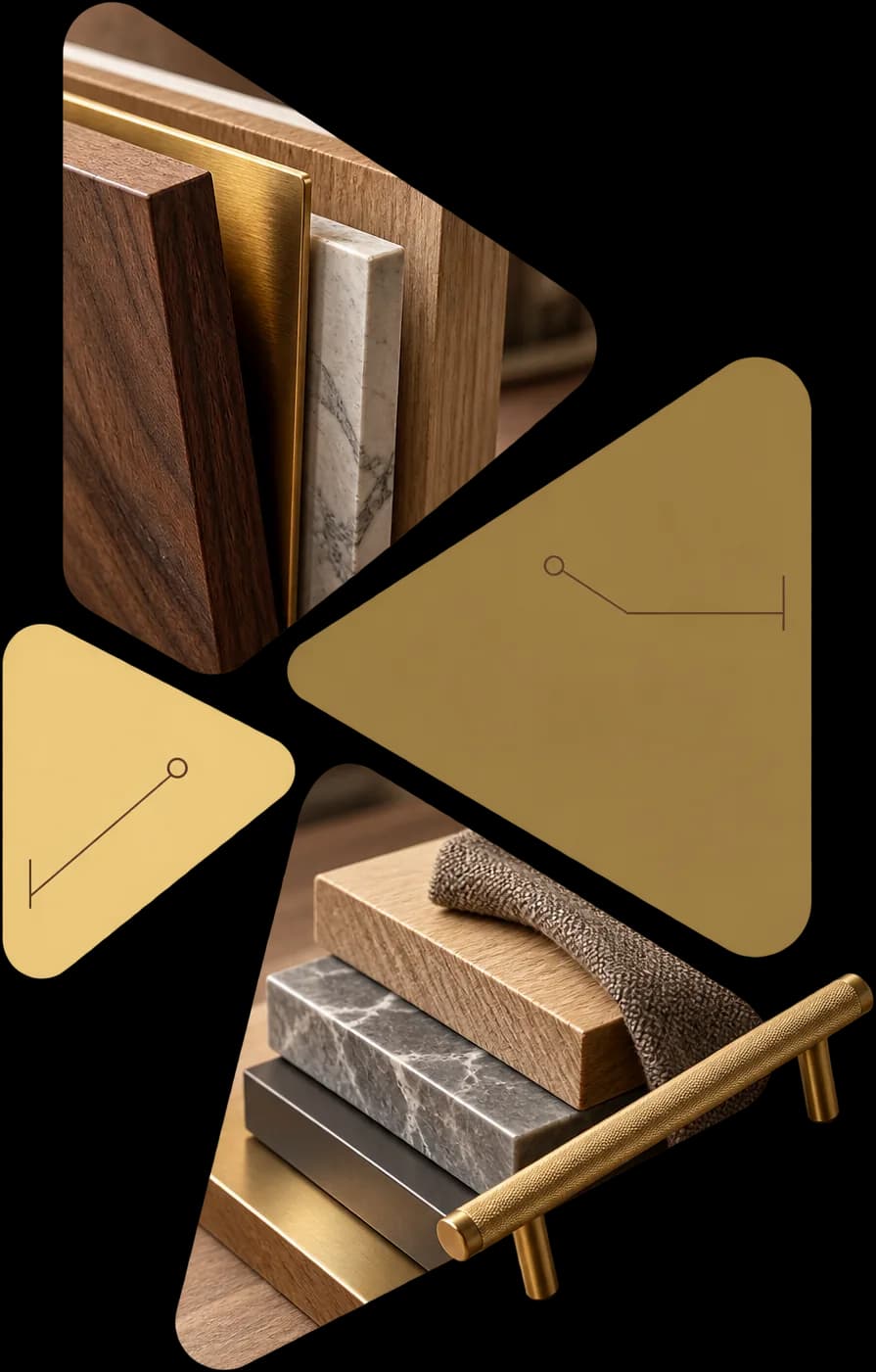 Empilement d’échantillons : placages de chêne et de noyer, laiton brossé et pierre.