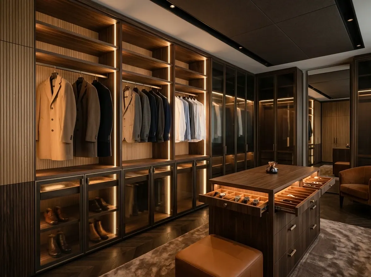 Dressing sur mesure Moblio — colonnes en noyer cannelé, penderies éclairées et îlot central à bijoux