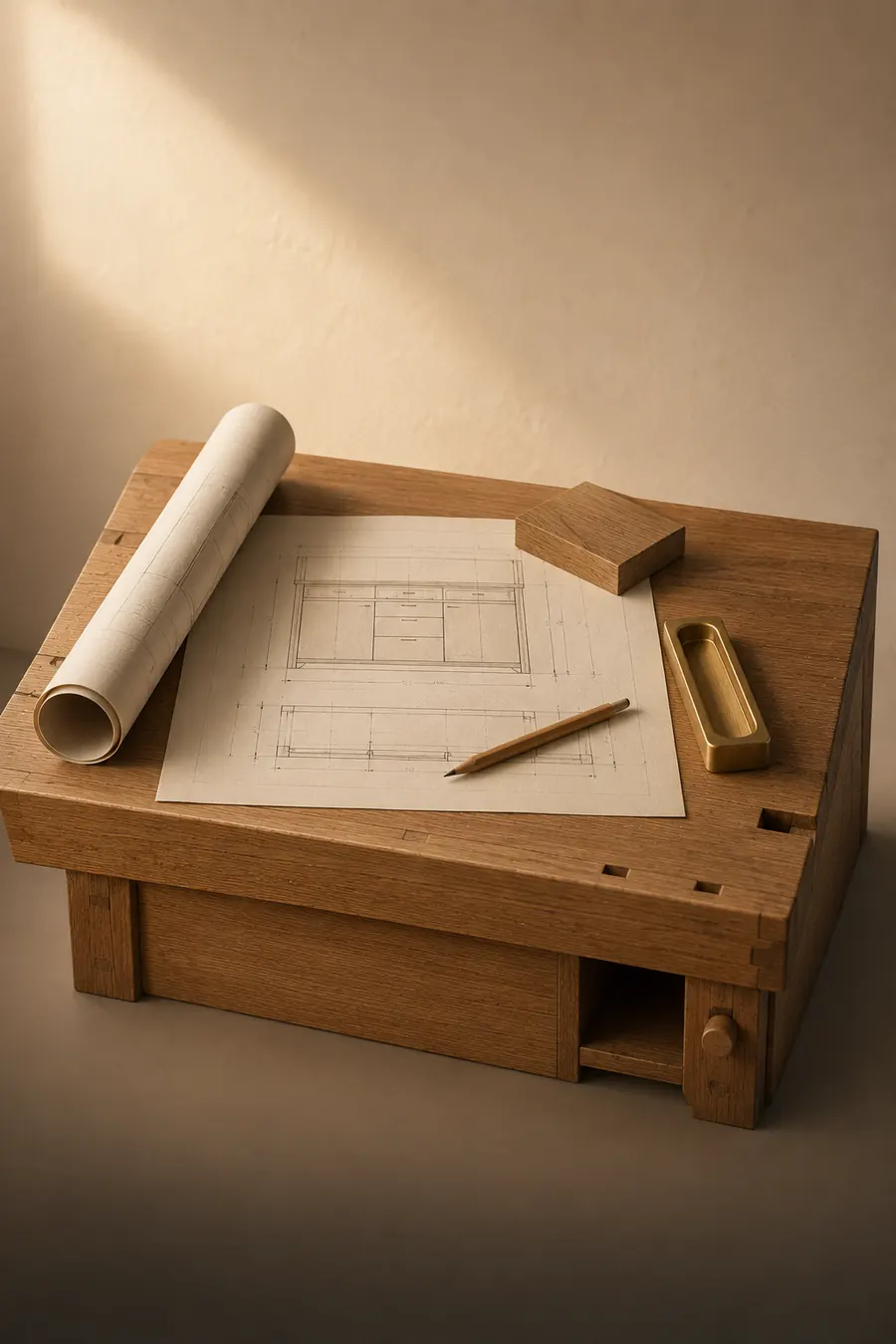 Établi en chêne portant un plan coté, un rouleau de plans, un crayon et une poignée en laiton.