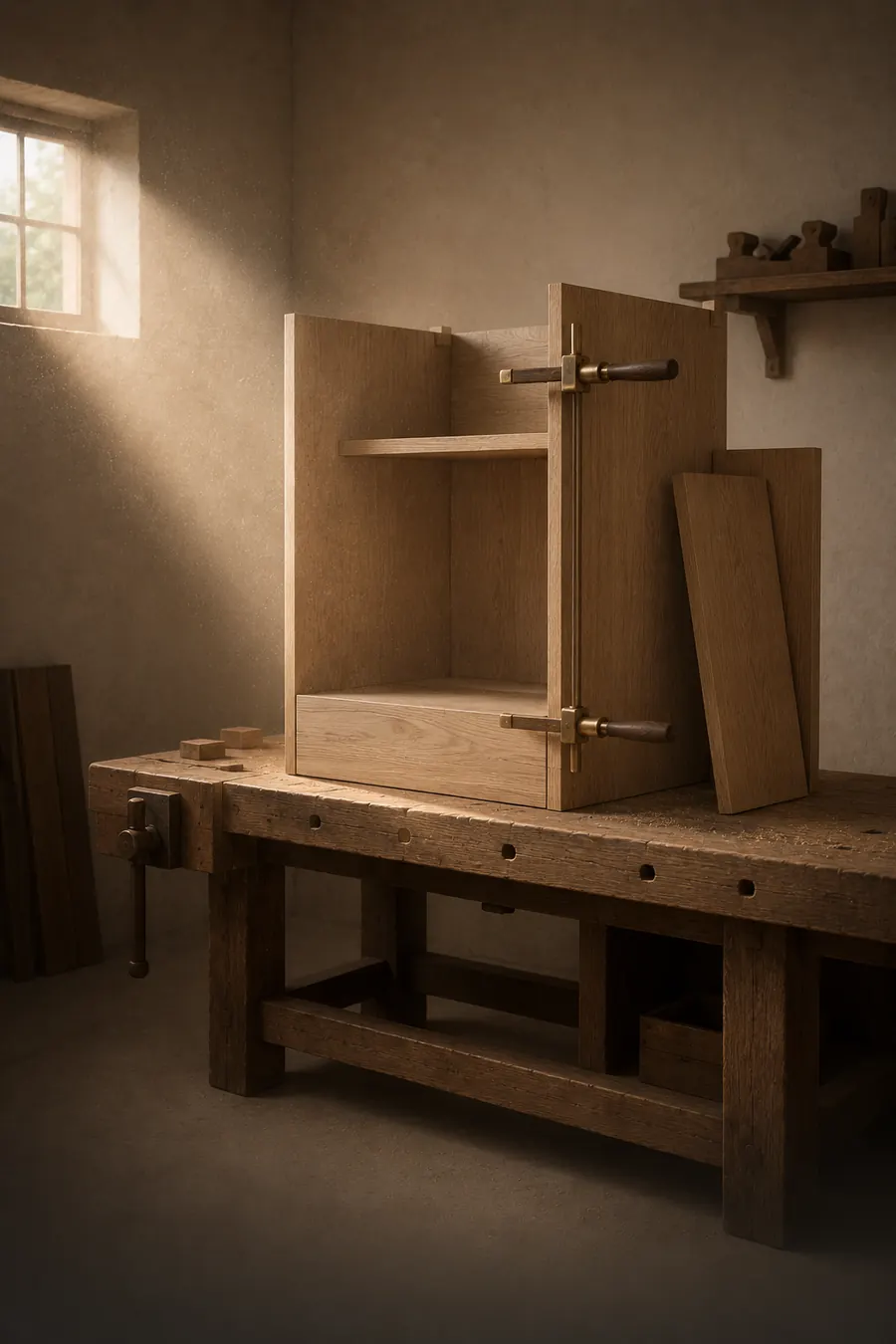 Caisson en chêne à demi monté sur un établi d'atelier, maintenu par des serre-joints.