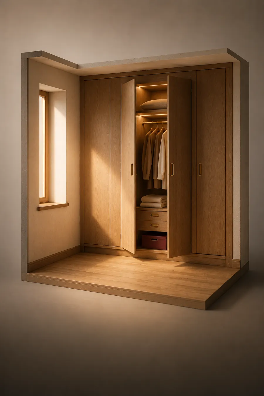 Dressing en chêne posé et fini, portes entrouvertes sur une penderie éclairée.