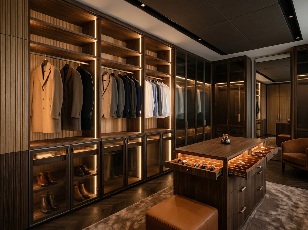 Dressing sur mesure Moblio — colonnes en noyer cannelé, penderies éclairées et îlot central à bijoux