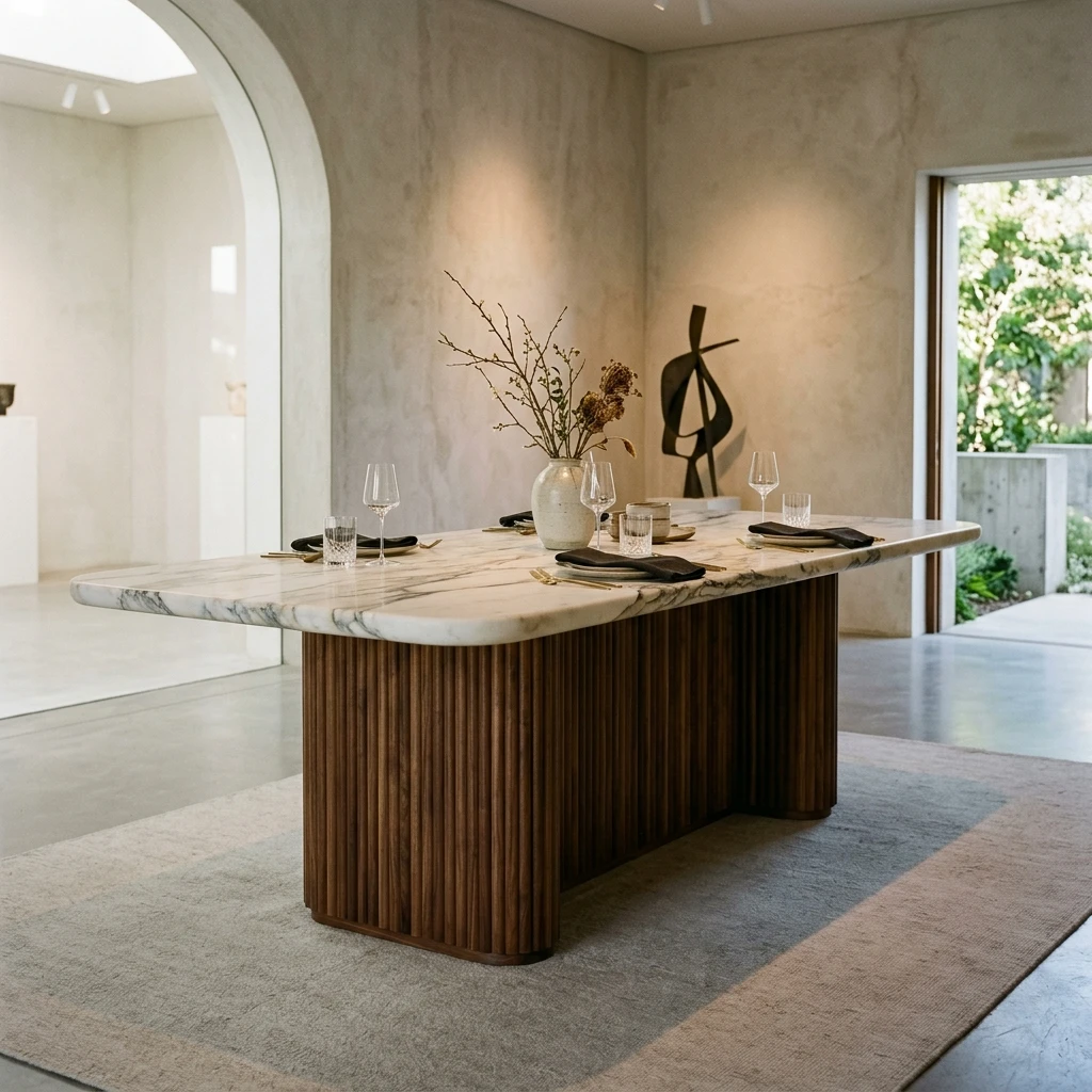 Table Monolithe en Marbre Calacatta et Noyer Cannelé Massif — Moblio Atelier