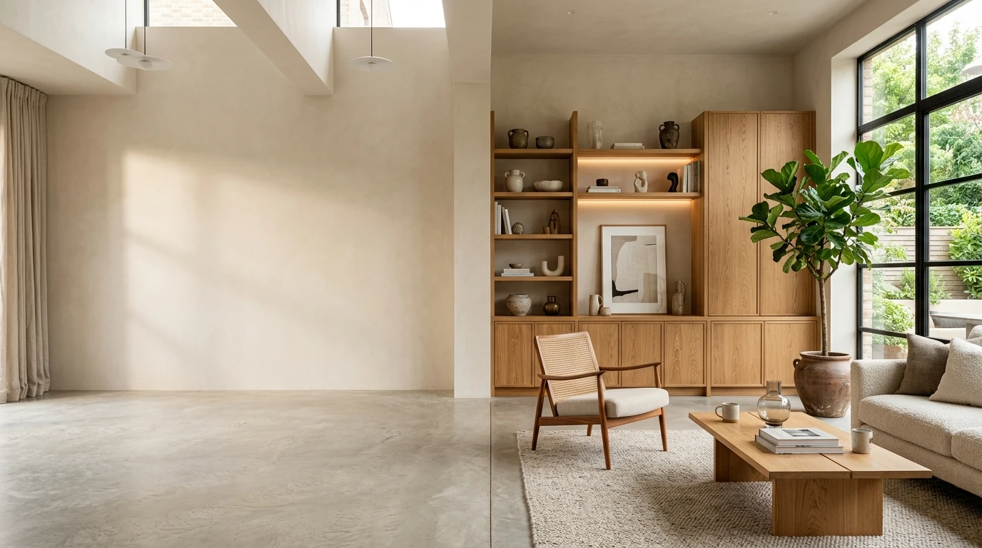 Salon Contemporain et Claustra Sculptural en Chêne & Noyer — Moblio Atelier