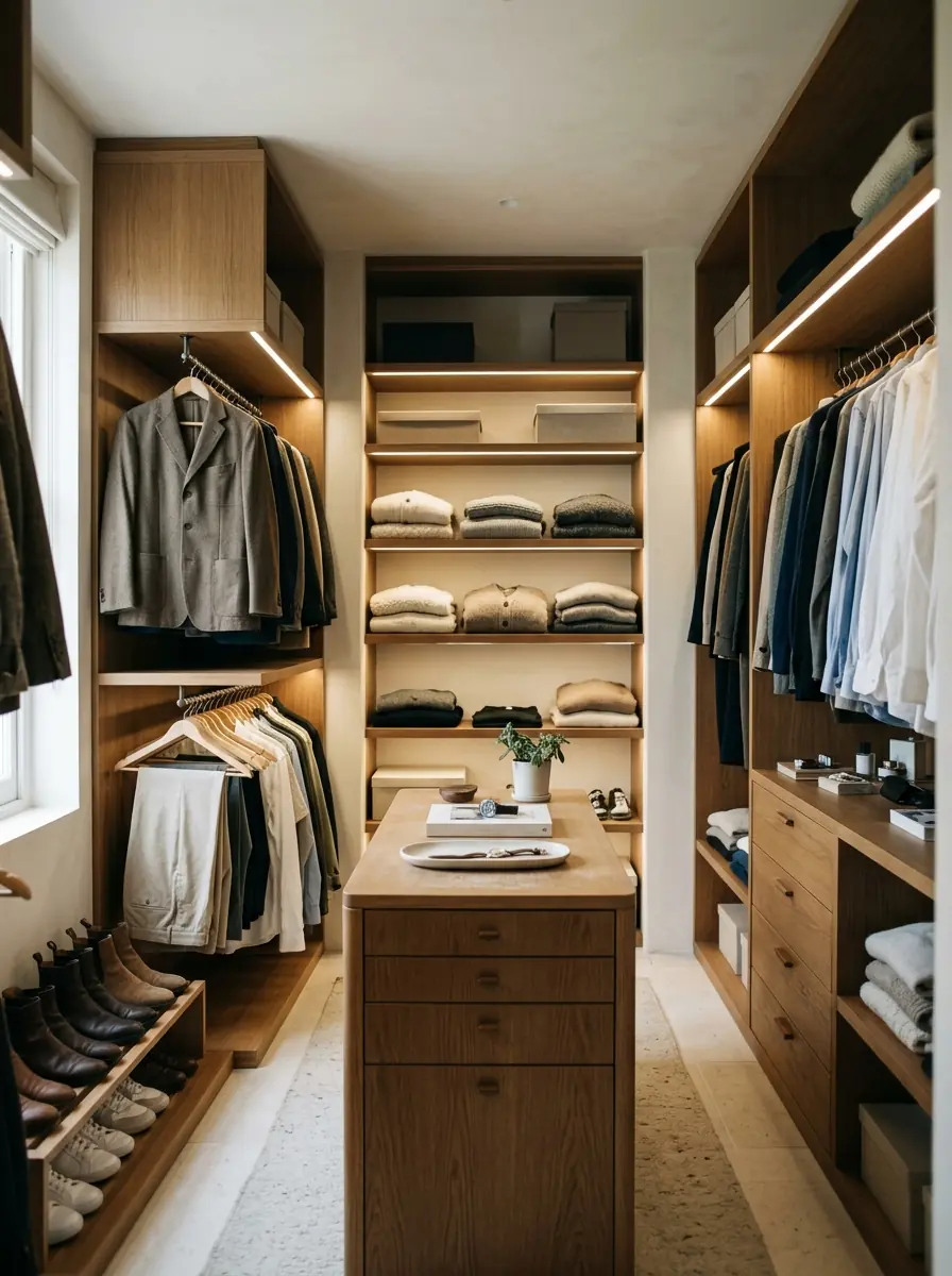 Dressing de chambre parentale toute hauteur, penderies doubles et îlot à bijoux.