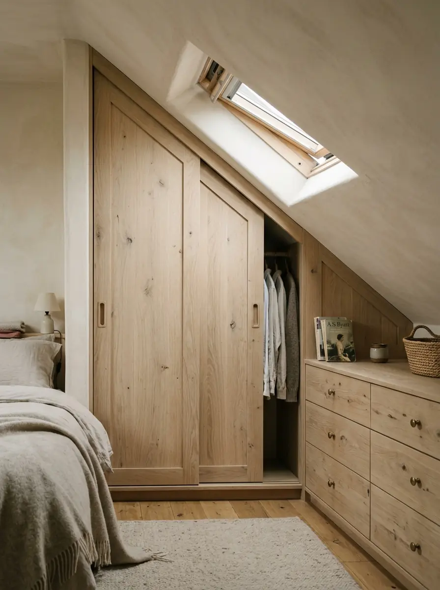 Dressing construit sous un rampant, portes coulissantes et rangements bas sur mesure.